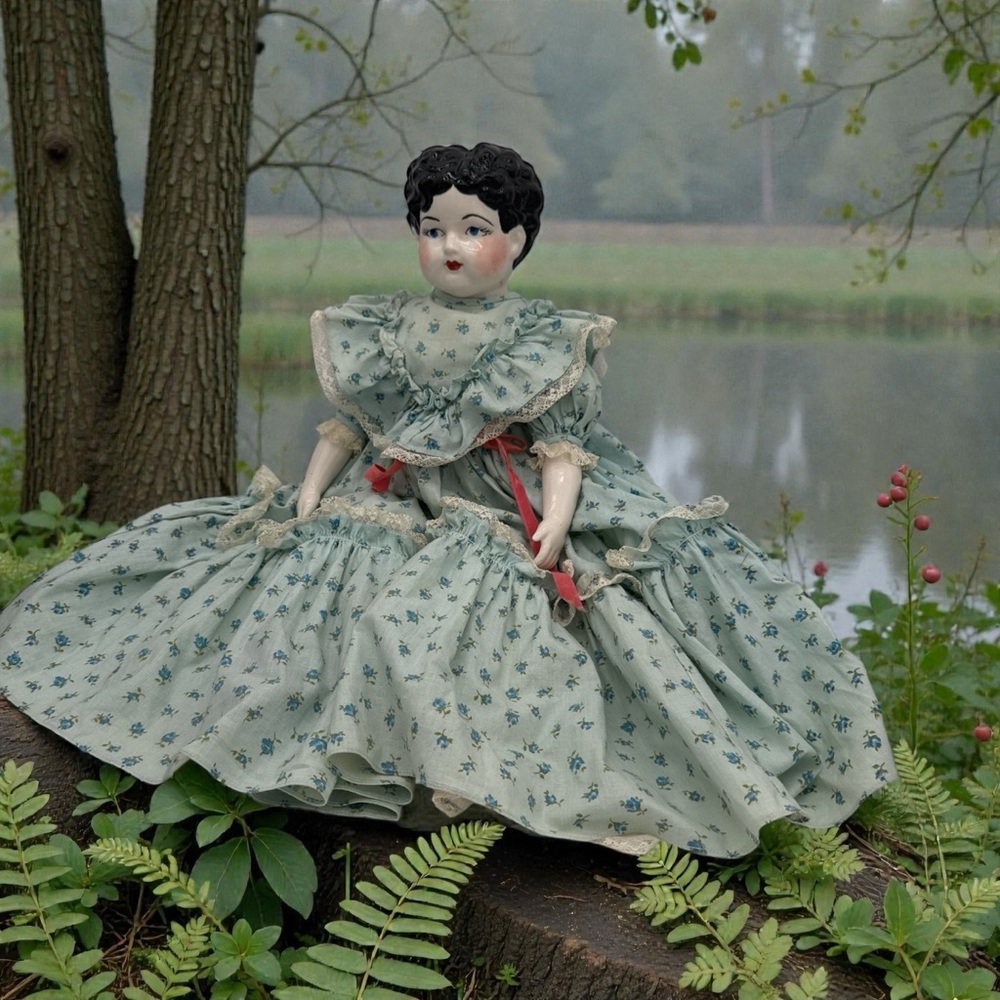 Antique German Porcelain Doll with Floral Dress -21.5” - Picture 3 of 10